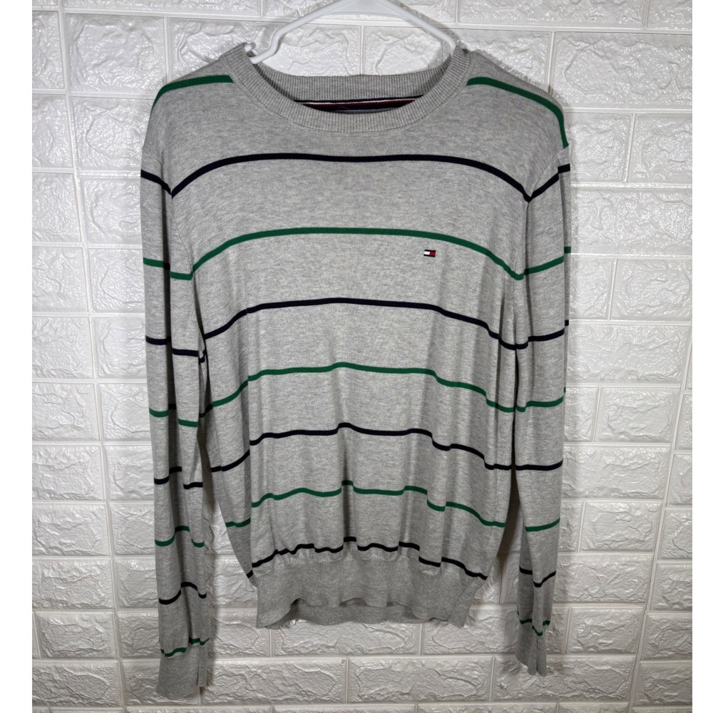 Tommy Hilfiger Mens Sweater Medium Gray Striped Pima Cotton Long Sleeve‎